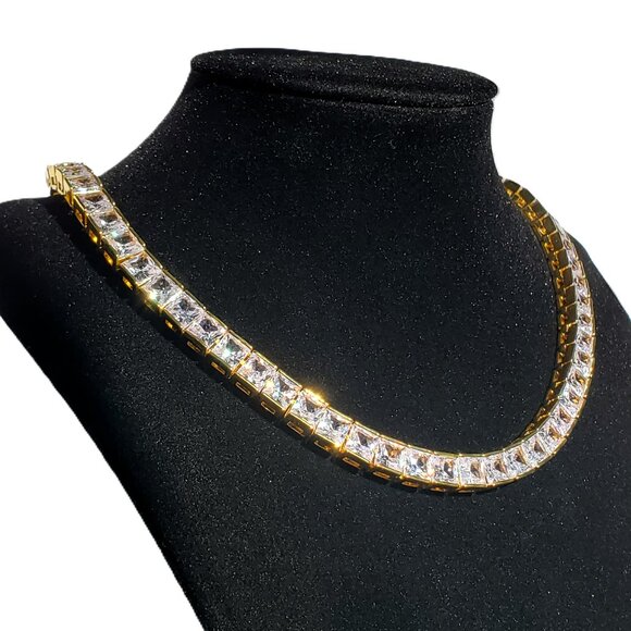 18K Gold Mens Square 2ct Diamond Tennis Necklace Guys 18K Silver 18" Jewelry NEW - Picture 3 of 7